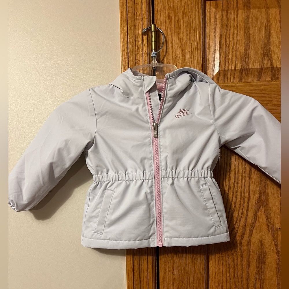 Nike baby girl coat, fleece lined, light gray & pink, 18m